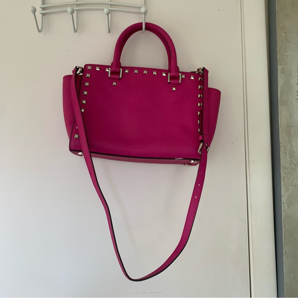 Michael Kors Fuchsia Pink Leather Medium Size Studded Satchel - Picture 3 of 12